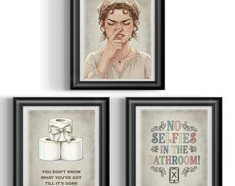 Funny Bathroom Wall Art Set of 3: Smell Portrait Toilet Paper Tribute No Selfies