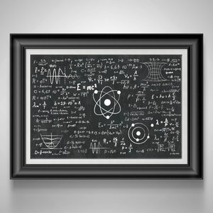 May include: A framed chalkboard-style print featuring scientific equations and diagrams in white against a black background. The black frame complements the artwork, which includes formulas related to physics and mathematics. The print is a decorative piece.