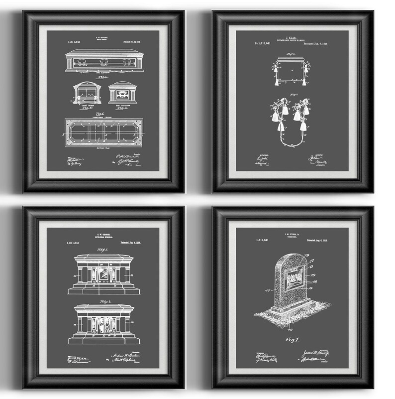 May include: Set of four black framed prints featuring white drawings of various patent designs for a mausoleum. The prints have a grey background and the patent numbers and dates are visible.