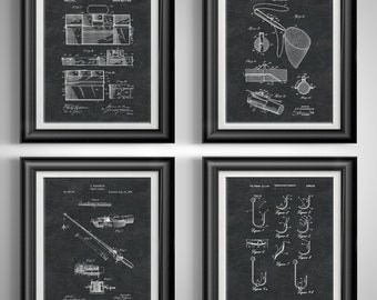 Fishing Decor: Man Cave Wall Art Bundle Print Set of 4 Tackle Box, Bait Hook, Fishing Pole, Fish Net Artwork, Unframed Posters