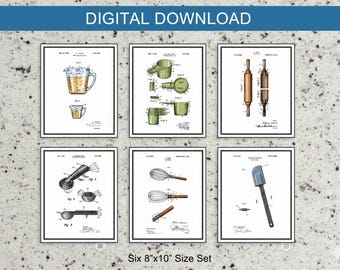 May include: Six framed prints featuring vintage kitchen utensil patent illustrations. Includes a measuring cup, a scoop, a rolling pin, a whisk, a spatula, and other tools. The prints are 8x10 inches in size.