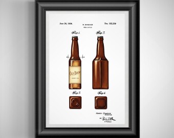 May include: Framed print of a beer bottle patent illustration. The brown bottle is labeled "Old Brew" and dated June 26, 1934. The print includes detailed diagrams of the bottle's design, with the inventor's name and attorney's signature.