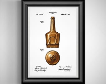 May include: Framed patent print of a bottle design. The print features a detailed illustration of a bottle with a round base and a long neck, along with a top-down view of the bottle's stopper. The print is in sepia tones and includes technical drawings and text.