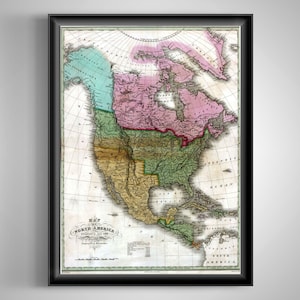 May include: An antique map of North America, printed in black and white with hand-colored details. The map shows the United States, Canada, Mexico, and parts of Central America. The map is framed in a black frame.