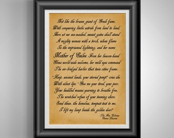 May include: A vintage-style print of a poem titled "The New Colossus" by Emma Lazarus. The poem is about the Statue of Liberty and its welcoming message to immigrants. The text is printed in a decorative font on a yellowed paper background.