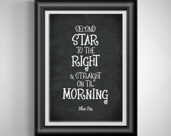 Peter Pan bedroom wall decor Nursery Art Second star to the right and straight on til' morning Classic Lit quote Unframed