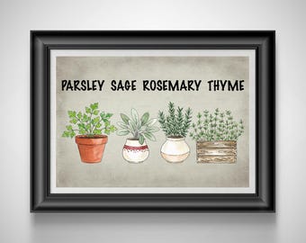 Herb Garden Art Print – Parsley Sage Rosemary Thyme in Pots, Rustic Kitchen Decor Unframed