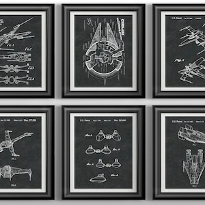 May include: Six framed patent prints featuring detailed white line drawings of various starships against a dark background. The prints include schematics of iconic spacecraft, perfect for fans of science fiction.