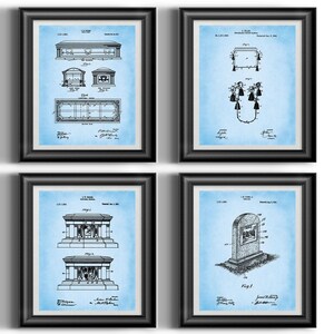 May include: Set of four vintage patent prints featuring illustrations of different types of tombstones and mausoleums. The prints are on a light blue background with black ink.