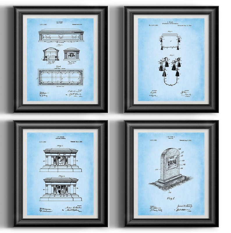 May include: Set of four vintage patent prints featuring illustrations of different types of tombstones and mausoleums. The prints are on a light blue background with black ink.