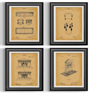 May include: Set of four vintage patent drawings for different types of tombstones. Each drawing is framed in black and features a beige background with black ink illustrations. The drawings are titled "U.S. Patent" and include patent numbers and dates.