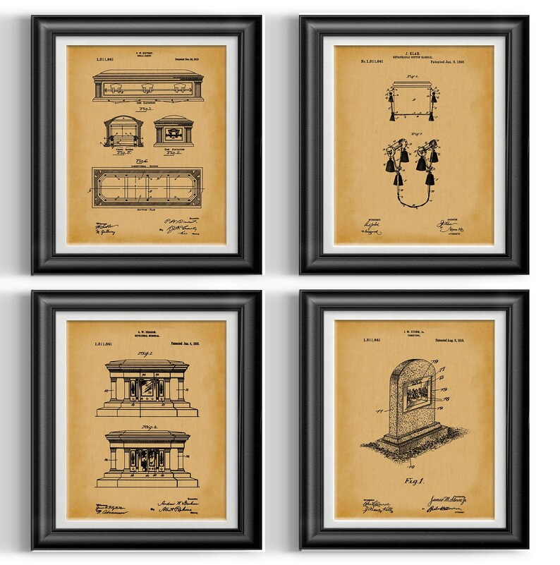 May include: Set of four vintage patent drawings for different types of tombstones. Each drawing is framed in black and features a beige background with black ink illustrations. The drawings are titled "U.S. Patent" and include patent numbers and dates.
