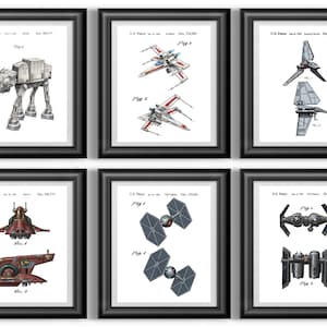 May include: Six framed prints featuring Star Wars vehicle patent illustrations. Each print is in a black frame and displays a different vehicle design, including an AT-AT, X-wing, and TIE fighter. The prints have a white background.