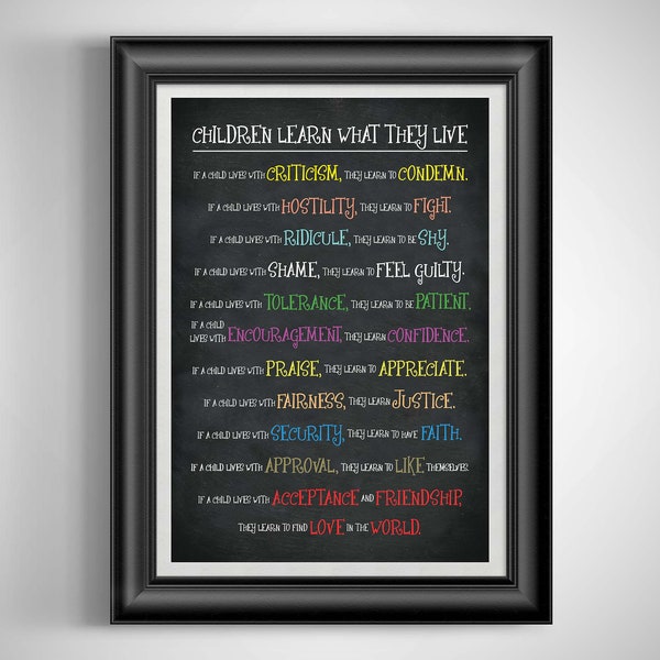 Children learn what they live If a child lives with poem Children Quotes Mom and Dad Gift Unframed