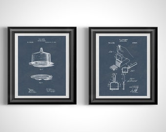 Vintage Kitchen Wall Art: Set of 2 Unframed Butter Dish & Cutter Patent Prints - Retro Culinary Decor Unframed