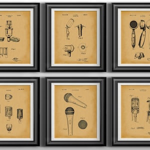 May include: Six vintage patent drawings of microphones in black and white on a beige background. The drawings show different angles and details of the microphones. The drawings are framed in black frames.