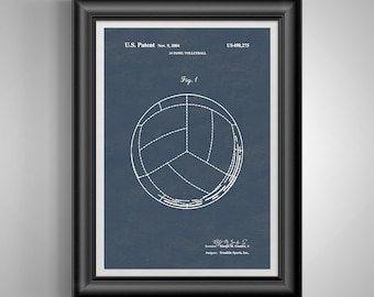 May include: Framed print of a volleyball patent illustration. The print features a detailed white diagram of a 24-panel volleyball on a dark blue background. The frame is black, and the text "U.S. Patent" and "24 PANEL VOLLEYBALL" are visible.
