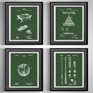 May include: Four framed prints featuring vintage billiard-related patent illustrations in white on a dark green background. The prints depict a pool table, a rack, a billiard ball with the number 15, and various pool cues and accessories.