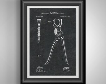 May include: A framed patent print on a dark gray background featuring technical line drawings of a blacksmith's butteris. The text reads E. BACHER, Improvement in Blacksmith's Butteris, No. 132.044, Patented Oct. 8, 1872, with labels for Fig 1 and Fig 2.