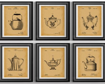 Vintage Tea Kettle Patent Prints: Bundled Prints Set of 6 Unframed Kitchen Wall Art for Tea Lovers and Cafe Decor