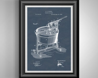 May include: A vintage blueprint style illustration of a washing machine patent. The patent is for a washing machine invented by F.F. Bickel and patented on April 26, 1887. The patent number is 361,919.