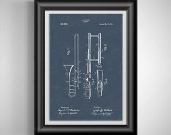 Vintage Trombone Patent Art Print: Unframed Brass Instrument Blueprint for Musicians, Teachers & Band Rooms