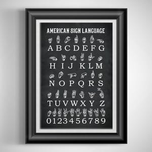 May include: Framed print featuring the American Sign Language alphabet and numbers 0-9. The white text is displayed on a dark gray background, with each letter and number represented by a hand gesture. The print is enclosed in a black frame.