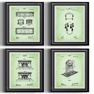 May include: A set of four vintage patent prints featuring different designs for a tombstone, a coffin, and a grave marker. The prints are in black and white and have a green background.