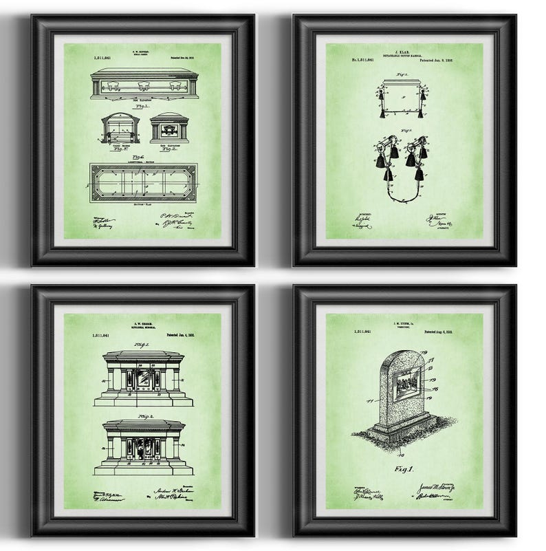 May include: A set of four vintage patent prints featuring different designs for a tombstone, a coffin, and a grave marker. The prints are in black and white and have a green background.