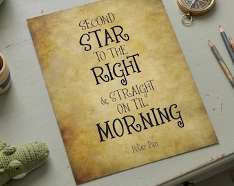 Afdrukbare citaatprint – Digitale download - Peter Pan muurdecoratie - Goud - Recht door tot de ochtend