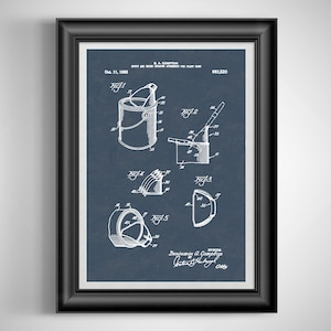 May include: Framed print of a patent illustration for a paint can accessory. The blueprint-style drawing features detailed diagrams of the accessory components in white against a dark blue background. The text includes the patent date and inventor's name.