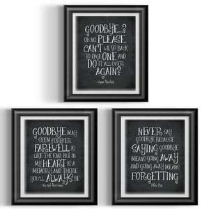 May include: Three framed prints with inspirational quotes in white script on a black background. The quotes are from Winnie the Pooh, Fox and the Hound, and Peter Pan. The frames are black with white matting.