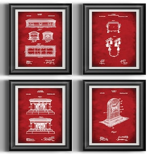 May include: Set of four vintage patent prints featuring illustrations of different types of tombstones. The prints are framed in black frames and have a red background.