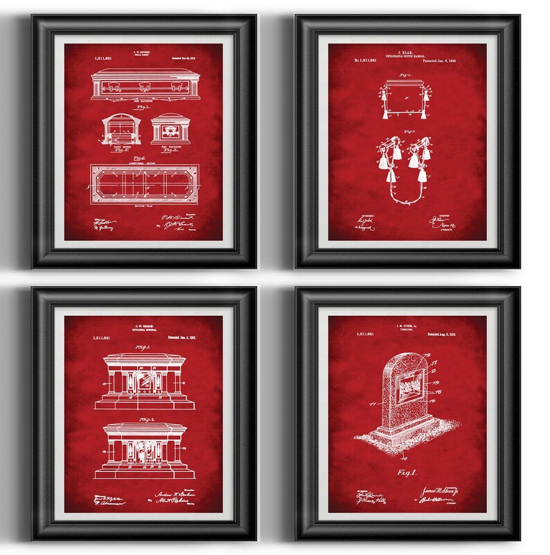 May include: Set of four vintage patent prints featuring illustrations of different types of tombstones. The prints are framed in black frames and have a red background.