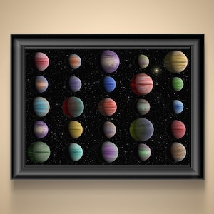 May include: A framed print featuring a collection of colorful, stylized planets against a starry black background. The planets display a variety of hues, including red, blue, green, and yellow, with striped and marbled patterns. The frame is black.