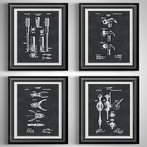 Vintage Mechanic Tool Patent Art Prints: Set of 4 Unframed Posters for Garage, Workshop, Man Cave