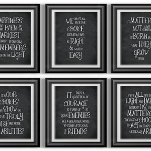 May include: Set of six black framed prints with white text on a chalkboard background. The quotes are about happiness, choices, courage, and the importance of being true to yourself.