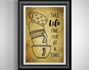 Motivational Coffee Typography Print: Stacked Cups Poster for Kitchen, Cafe, Bar Decor - Unframed Art