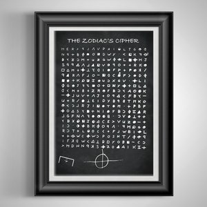 May include: A black and white image of the Zodiac Killer's cipher. The cipher is a series of symbols and letters that have never been solved. The image is a recreation of the original cipher, which was sent to the police in 1969.