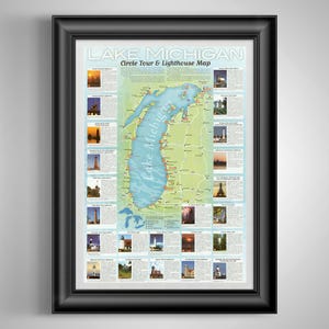 May include: Framed Lake Michigan Circle Tour & Lighthouse Map. The map features a detailed illustration of the lake with surrounding areas, including lighthouse photos. The map is framed in a black frame and is ready to hang.