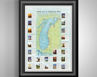 May include: Framed Lake Michigan Circle Tour & Lighthouse Map. The map features a detailed illustration of the lake with surrounding areas, including lighthouse photos. The map is framed in a black frame and is ready to hang.