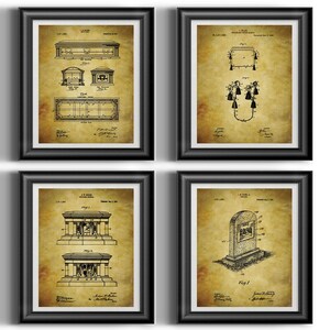 May include: Set of four vintage patent drawings framed in black frames. The drawings depict different designs for a tomb, a grave marker, and a coffin. The drawings are printed on aged paper with a yellowed background.