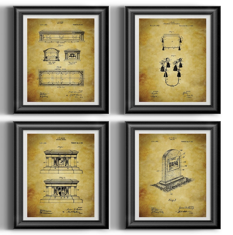 May include: Set of four vintage patent drawings framed in black frames. The drawings depict different designs for a tomb, a grave marker, and a coffin. The drawings are printed on aged paper with a yellowed background.
