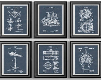 Nautical Maritime Wall Art Set: 6 Boat & Sailboat Illustrations for Coastal Navy Decor Unframed