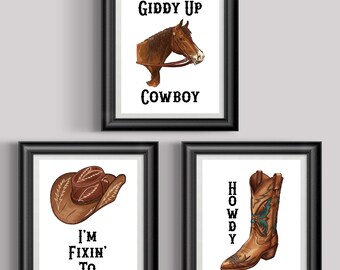 Country Western Wall Decor – Cowboy Hat, Horse & Boot Prints – Southern Sayings Unframed