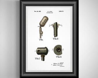 May include: Framed vintage microphone stand patent print. The black framed print features detailed diagrams of a microphone stand, including various views and components. The print includes text and technical drawings, perfect for music enthusiasts.
