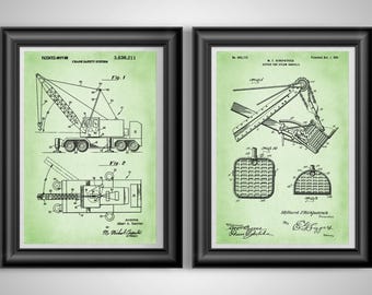 Construction Nursery Decor Lifting Crane and Steam Shovel Patent Artwork Infants Room Wall Art Gift for Toddler Present Set of 2 Unframed