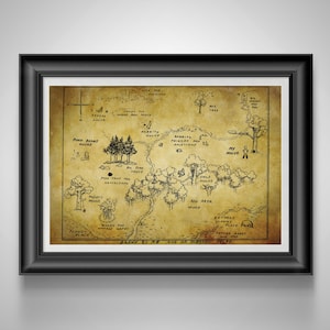 May include: Framed vintage-style map of the Hundred Acre Wood, featuring hand-drawn illustrations of landmarks like Pooh Bear's house and Owl's house. The map is in a black frame and has a cream-colored background.