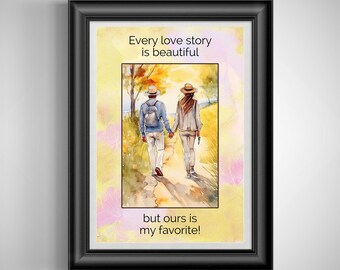 Romantic Couple Walking Art Print: Love Path Unframed Poster for Wedding, Anniversary & Relationship Gift