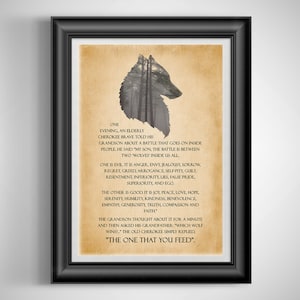 The tale of two wolves Quote print Wolf wall decor Native Americans art poster The one that you feed art gift Unframed